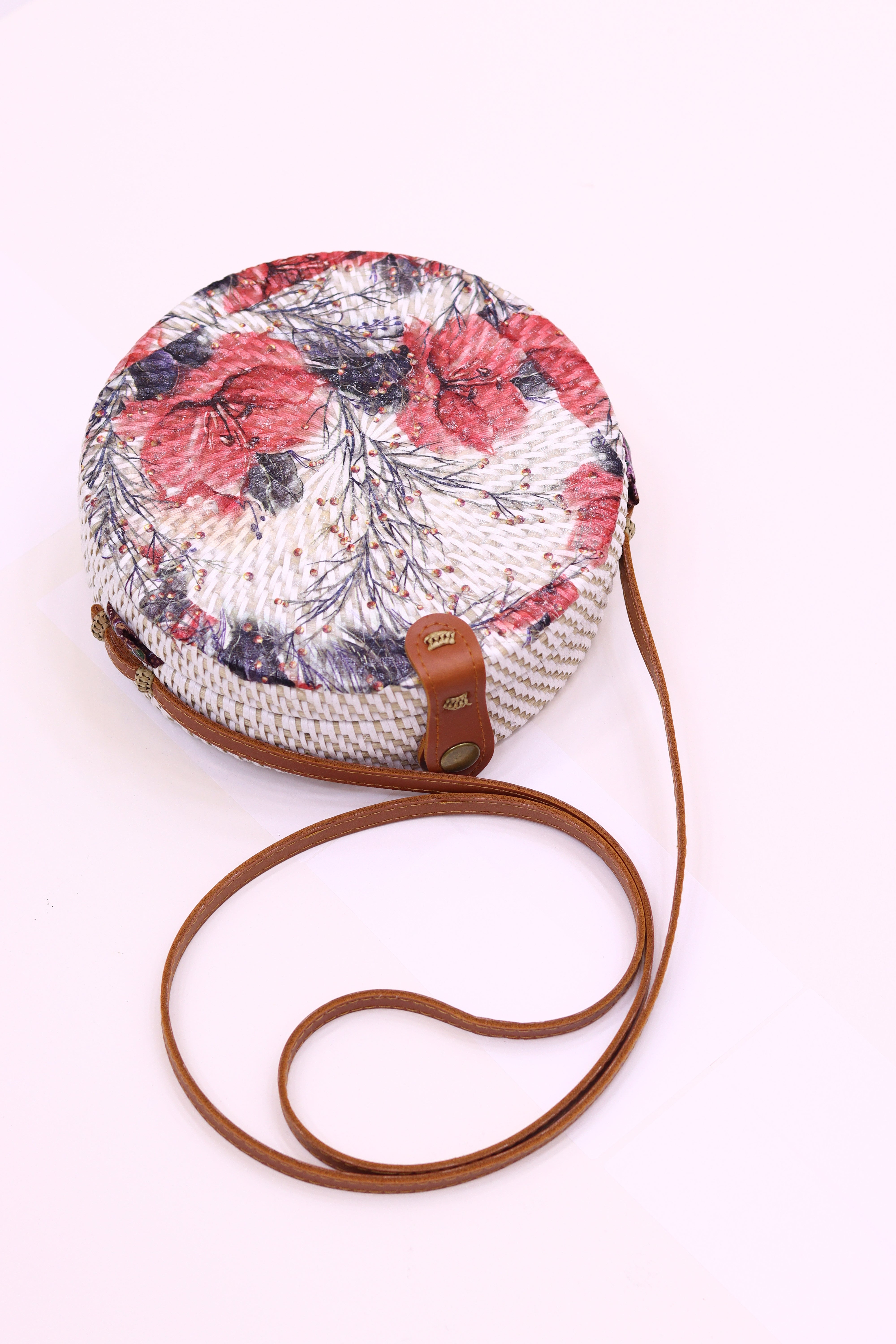 Unique Handwoven Round Rattan Bag Shoulder Leather Straps Natural Chic Hand RB-06